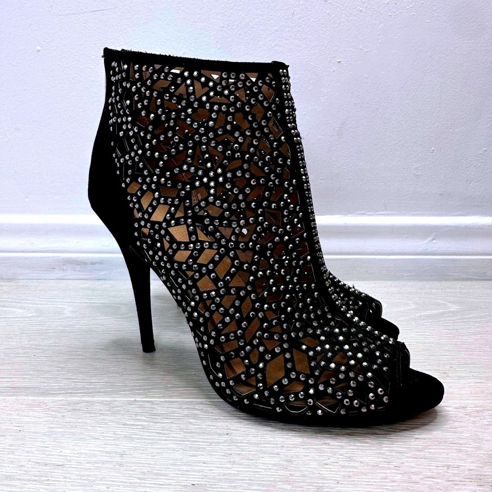 ZIGI SOHO Drift Peep Toe Booties Womens 8.5 Black Rhinestone‎ Cutout Stiletto